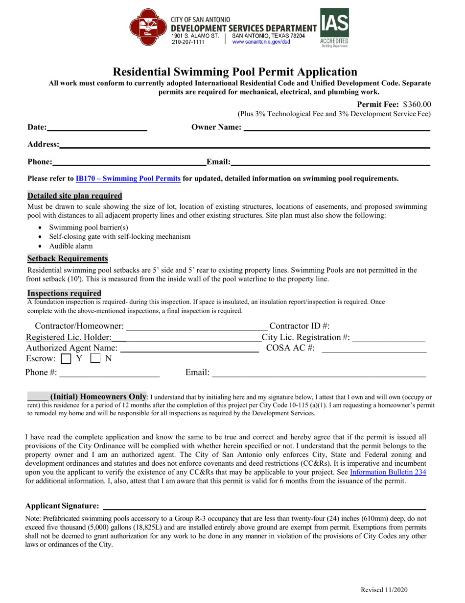 Residential Swimming Pool Permit Application - City of San Antonio, Texas, Page 1