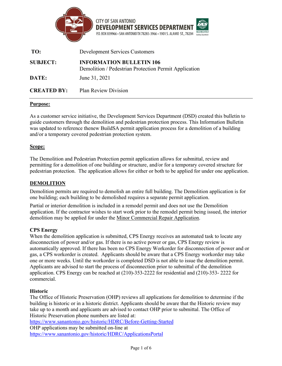 Demolition / Pedestrian Protection Permit Application - City of San Antonio, Texas, Page 1