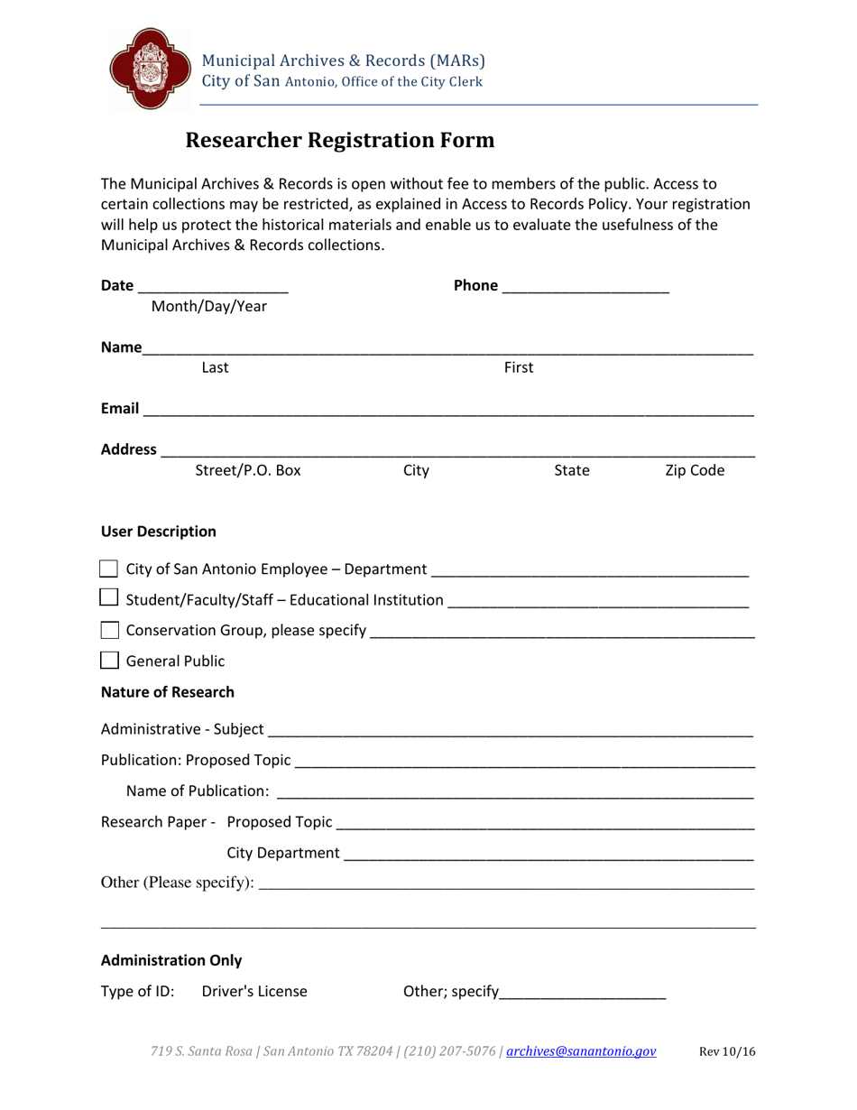 Researcher Registration Form - City of San Antonio, Texas, Page 1