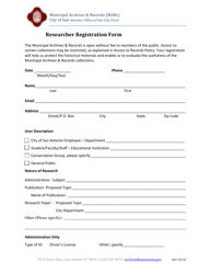 Document preview: Researcher Registration Form - City of San Antonio, Texas