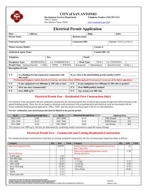 Electrical Permit Application - City of San Antonio, Texas Download Pdf