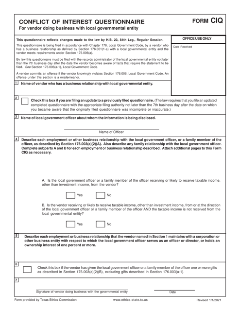 Form CIQ Conflict of Interest Questionnaire - Texas