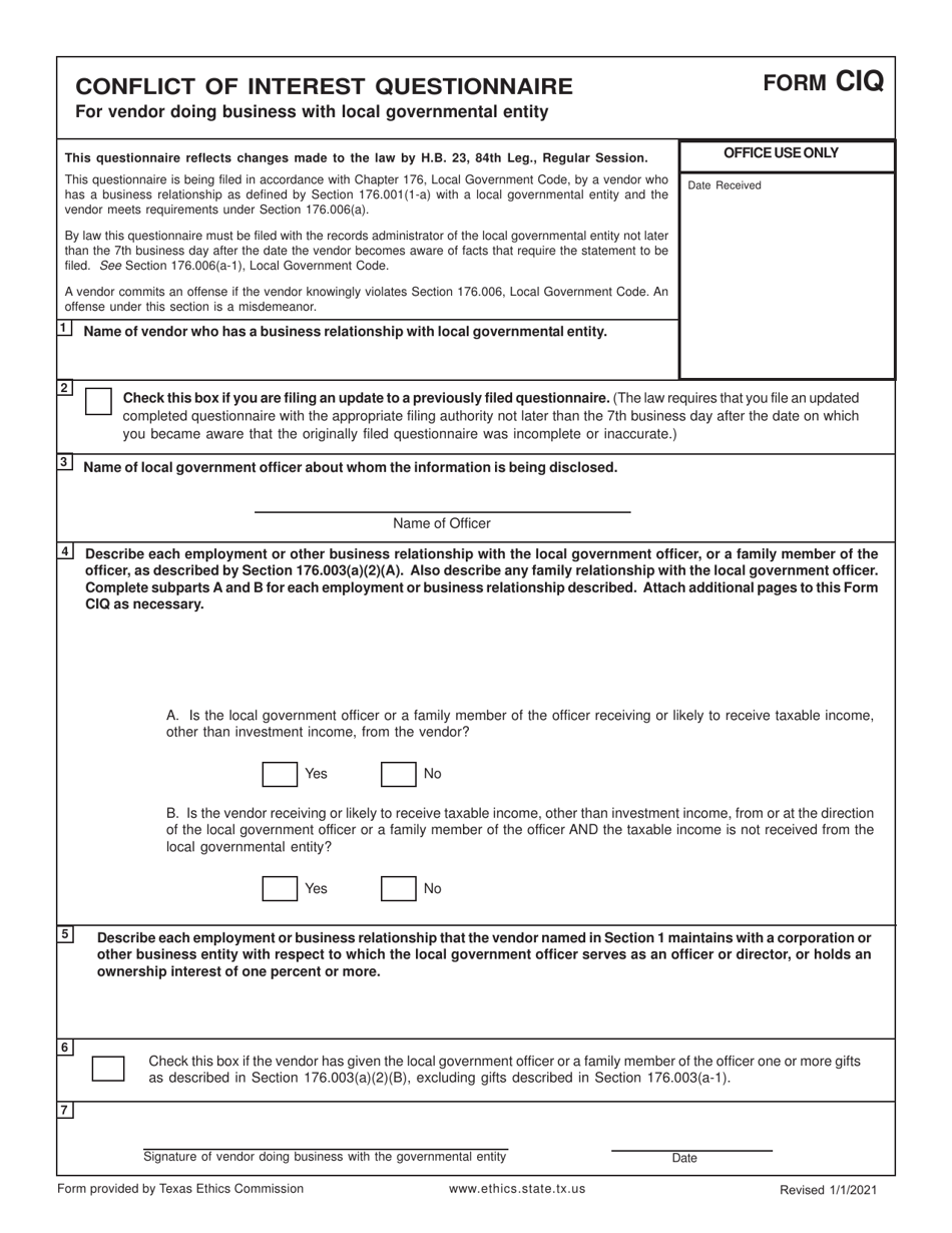 Form CIQ Conflict of Interest Questionnaire - Texas, Page 1