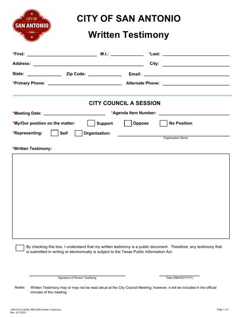 Form 1000-03-G.LEGAL.RECORD Written Testimony - City of San Antonio, Texas