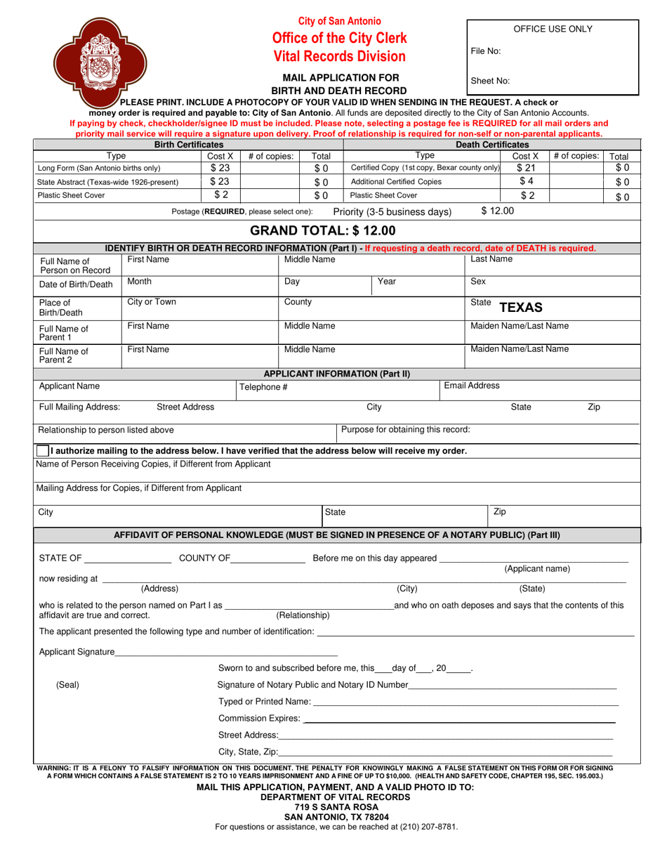 Mail Application for Birth and Death Record - City of San Antonio, Texas, Page 1