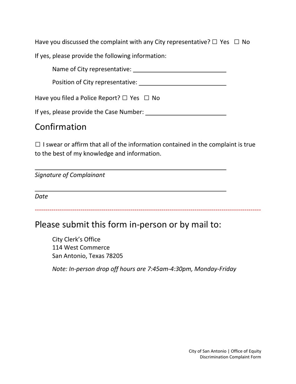 Discrimination Complaint Form - City of San Antonio, Texas, Page 4