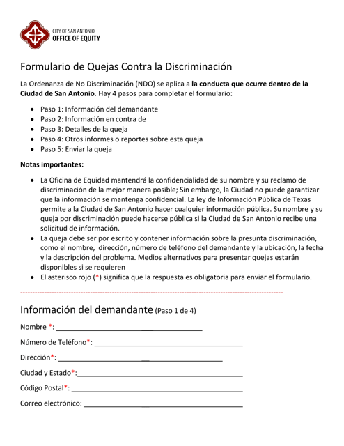 Formulario De Quejas Contra La Discriminacion - City of San Antonio, Texas (Spanish) Download Pdf