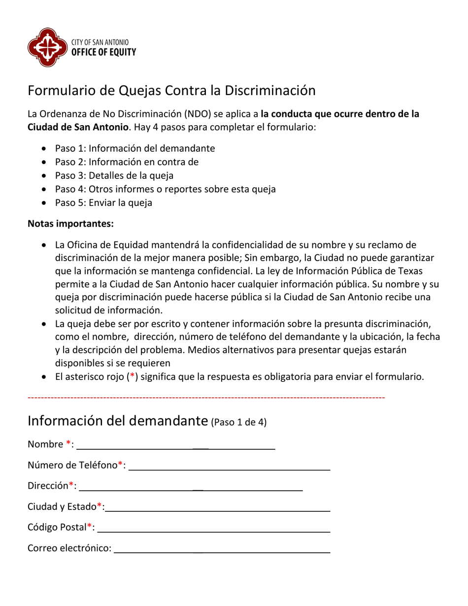 Formulario De Quejas Contra La Discriminacion - City of San Antonio, Texas (Spanish), Page 1