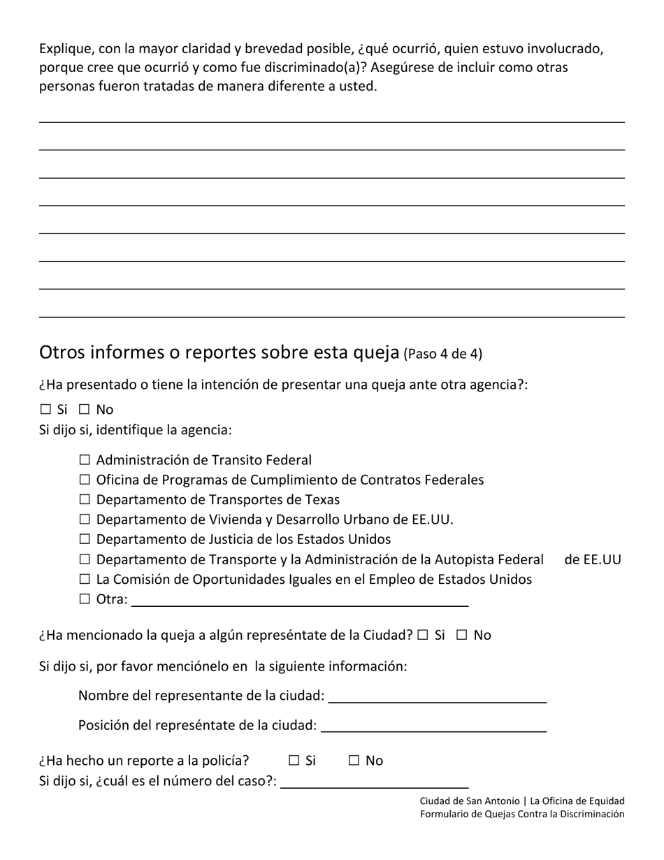 Formulario De Quejas Contra La Discriminacion - City of San Antonio, Texas (Spanish), Page 3