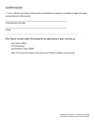 Formulario De Quejas Contra La Discriminacion - City of San Antonio, Texas (Spanish), Page 4
