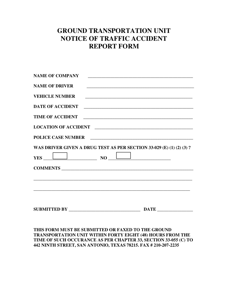 Notice of Traffic Accident Report Form - Ground Transportation Unit - City of San Antonio, Texas, Page 1