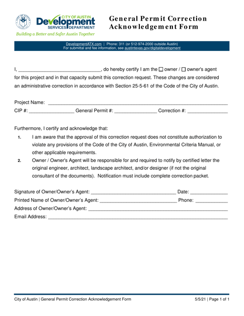 General Permit Correction Acknowledgement Form - City of Austin, Texas Download Pdf