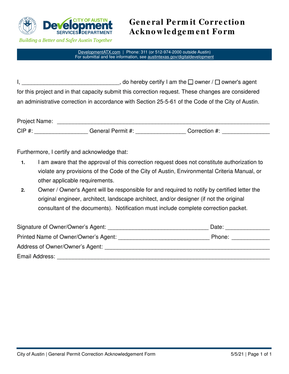 General Permit Correction Acknowledgement Form - City of Austin, Texas, Page 1