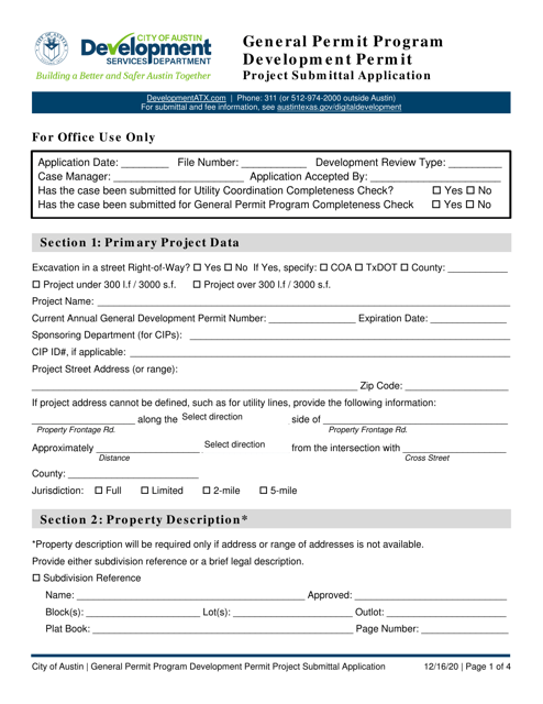 Development Permit Project Submittal Application - General Permit Program - City of Austin, Texas Download Pdf