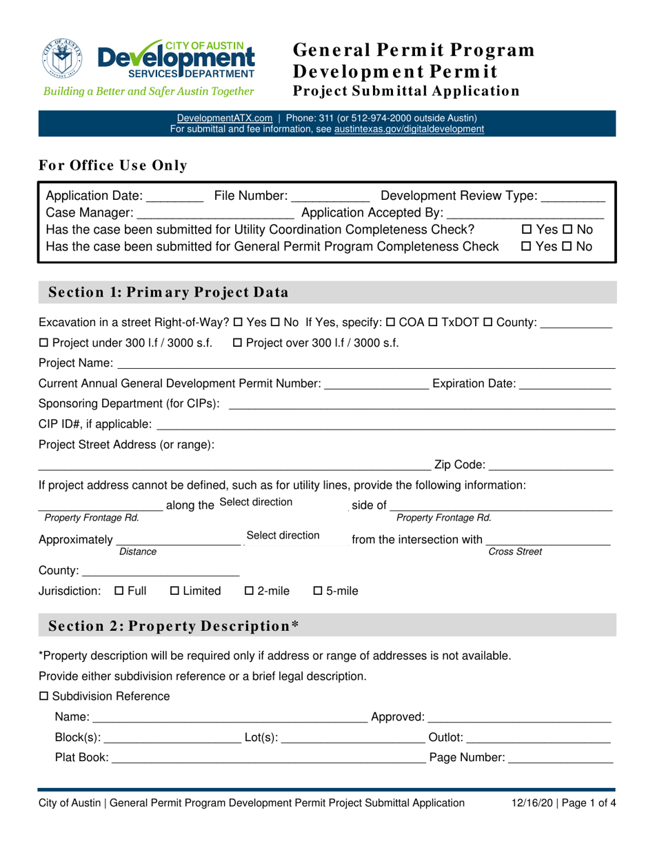 Development Permit Project Submittal Application - General Permit Program - City of Austin, Texas, Page 1
