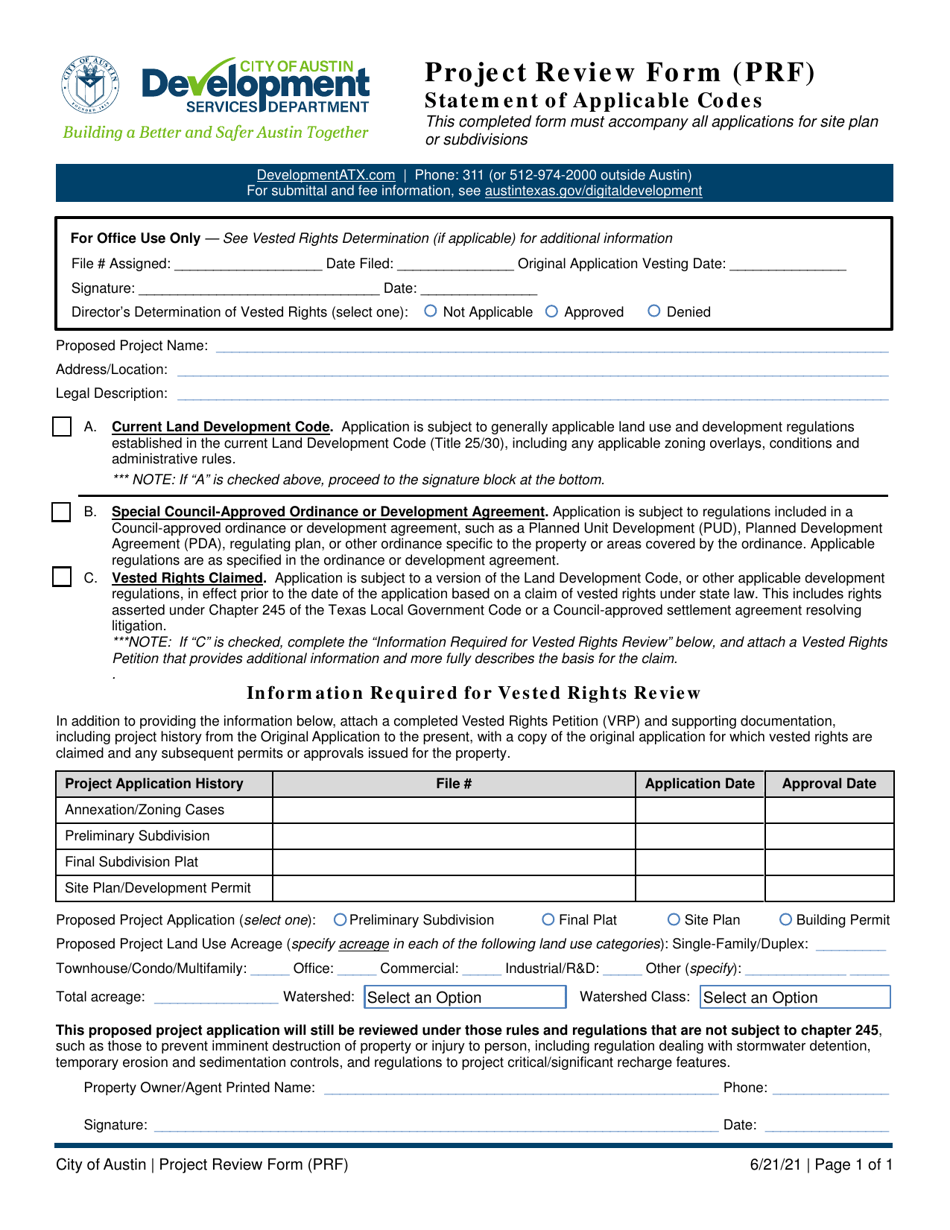 Project Review Form (Prf) - Statement of Applicable Codes - City of Austin, Texas, Page 1