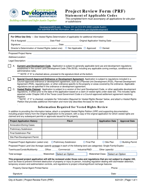 Project Review Form (Prf) - Statement of Applicable Codes - City of Austin, Texas