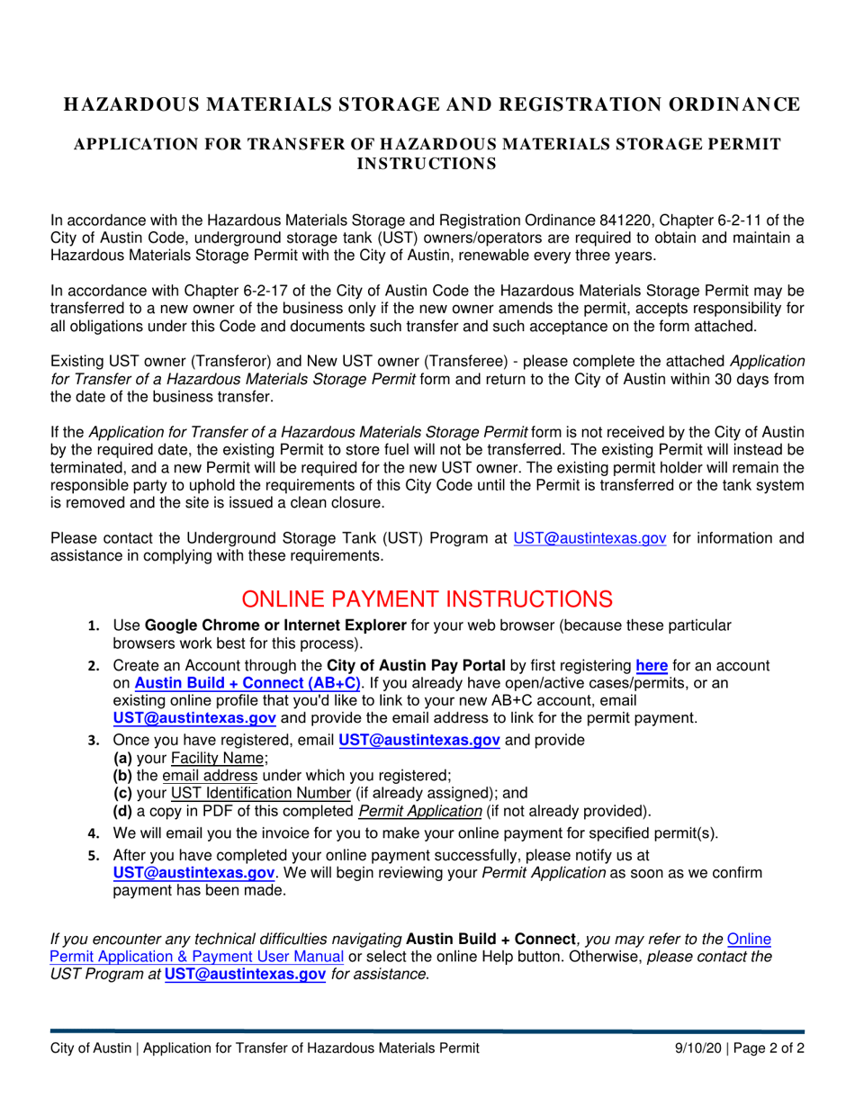 Application for Transfer of a Hazardous Materials Storage Permit - Underground Storage Tank (Ust) Program - City of Austin, Texas, Page 2