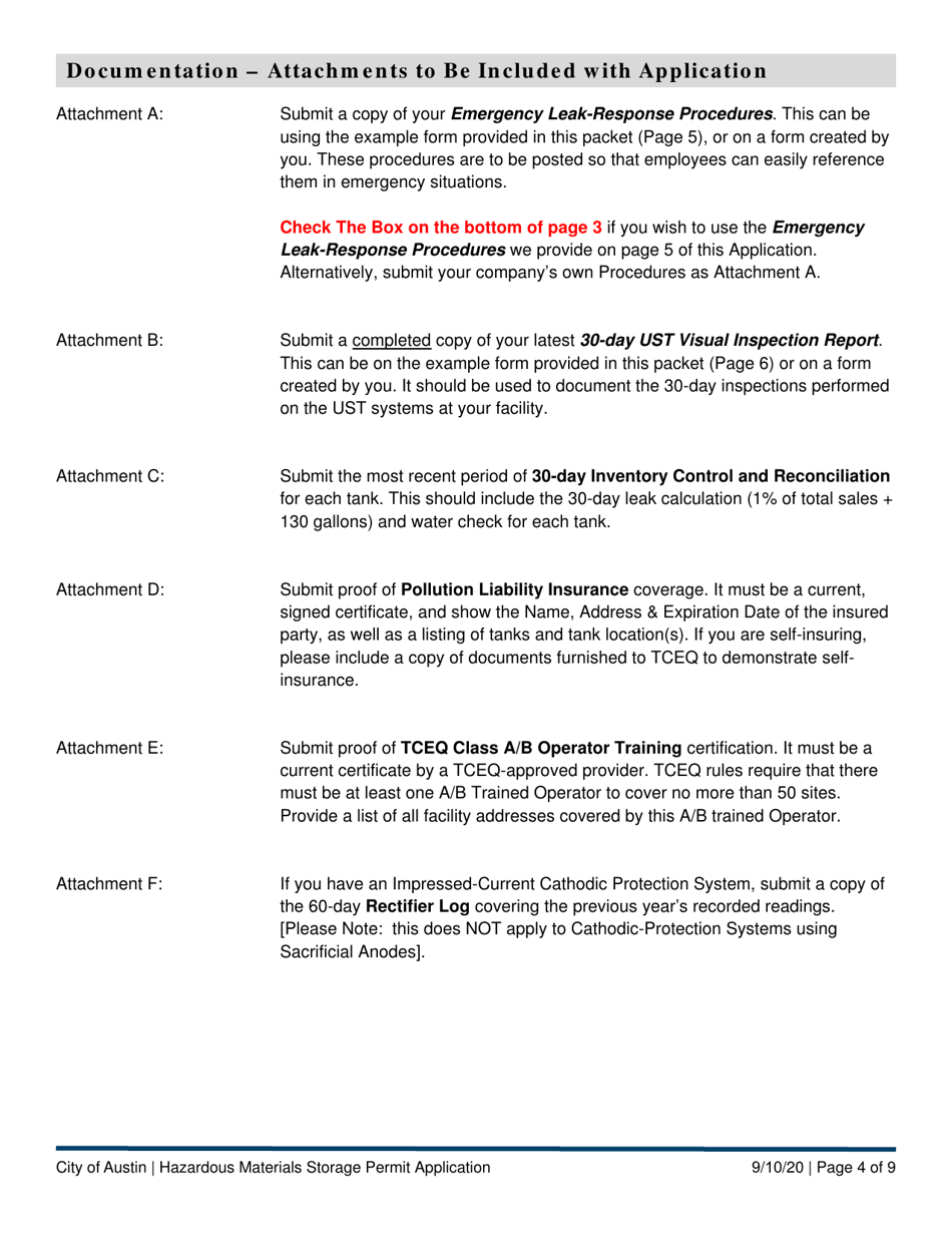 Hazardous Materials Storage Permit Application - Underground Storage Tank (Ust) Program - City of Austin, Texas, Page 4