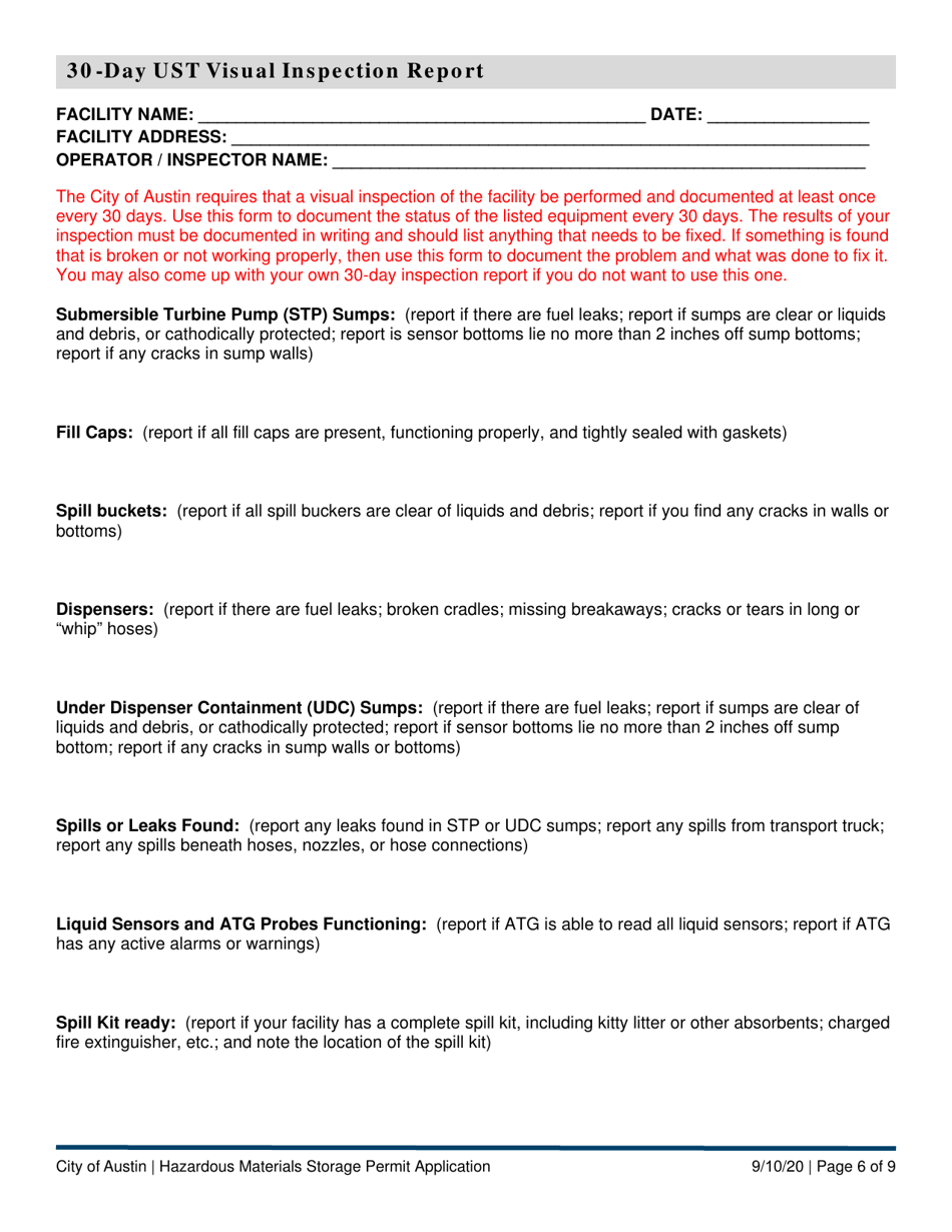 Hazardous Materials Storage Permit Application - Underground Storage Tank (Ust) Program - City of Austin, Texas, Page 6