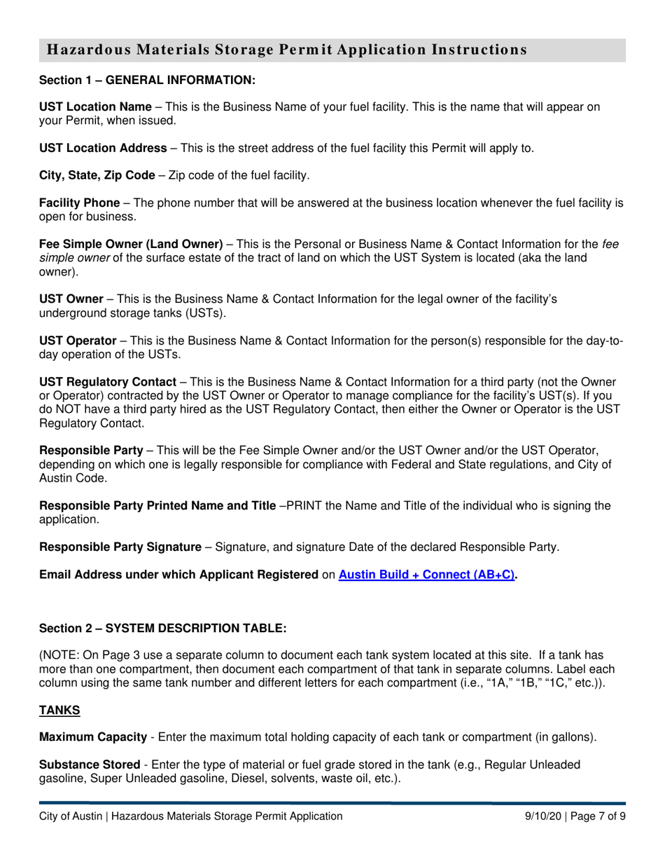 Hazardous Materials Storage Permit Application - Underground Storage Tank (Ust) Program - City of Austin, Texas, Page 7