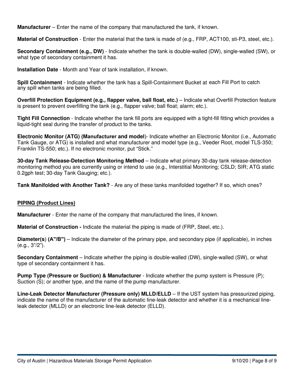 Hazardous Materials Storage Permit Application - Underground Storage Tank (Ust) Program - City of Austin, Texas, Page 8