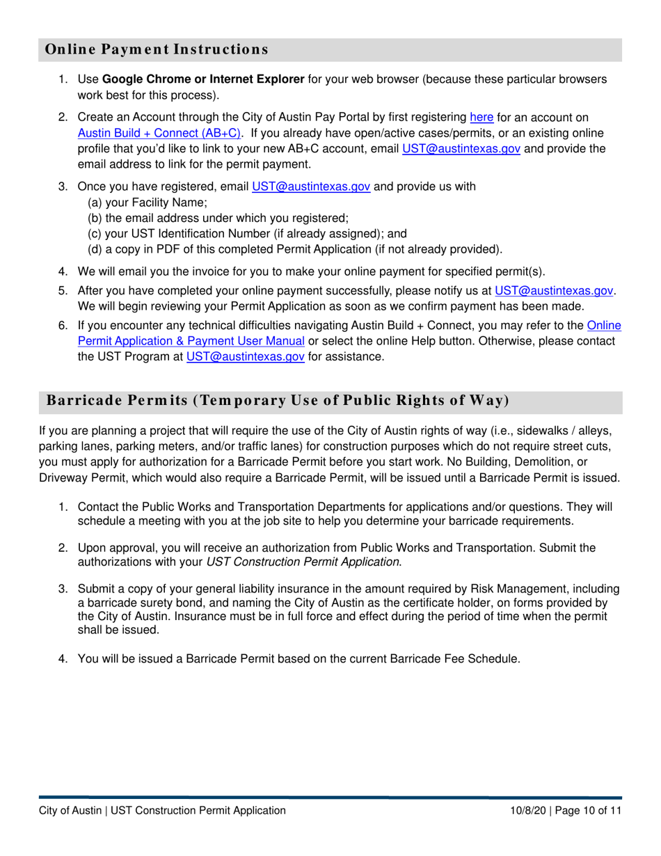 Ust Construction Permit Application - Underground Storage Tank (Ust) Program - City of Austin, Texas, Page 10