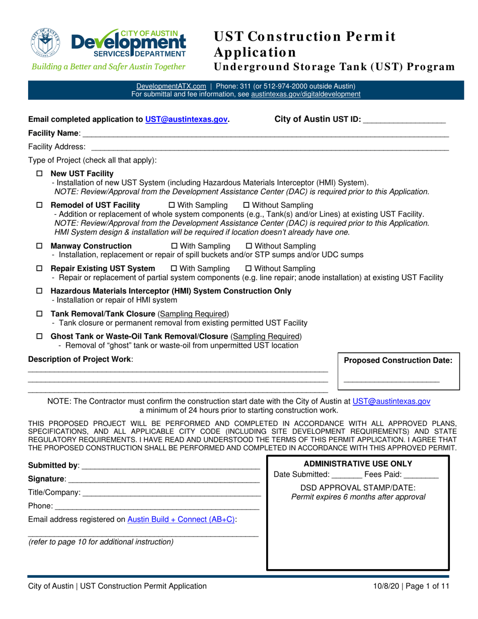 Ust Construction Permit Application - Underground Storage Tank (Ust) Program - City of Austin, Texas, Page 1