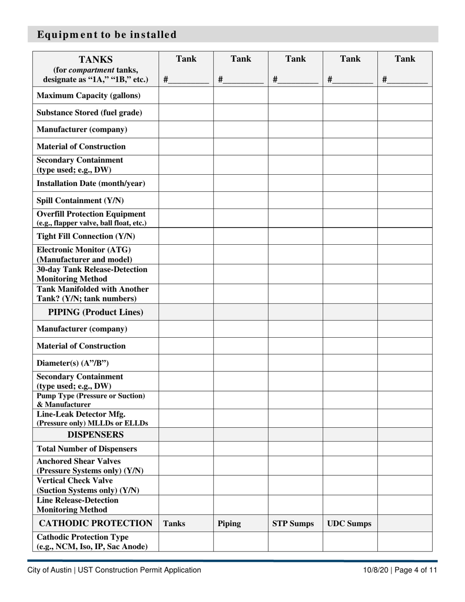 Ust Construction Permit Application - Underground Storage Tank (Ust) Program - City of Austin, Texas, Page 4