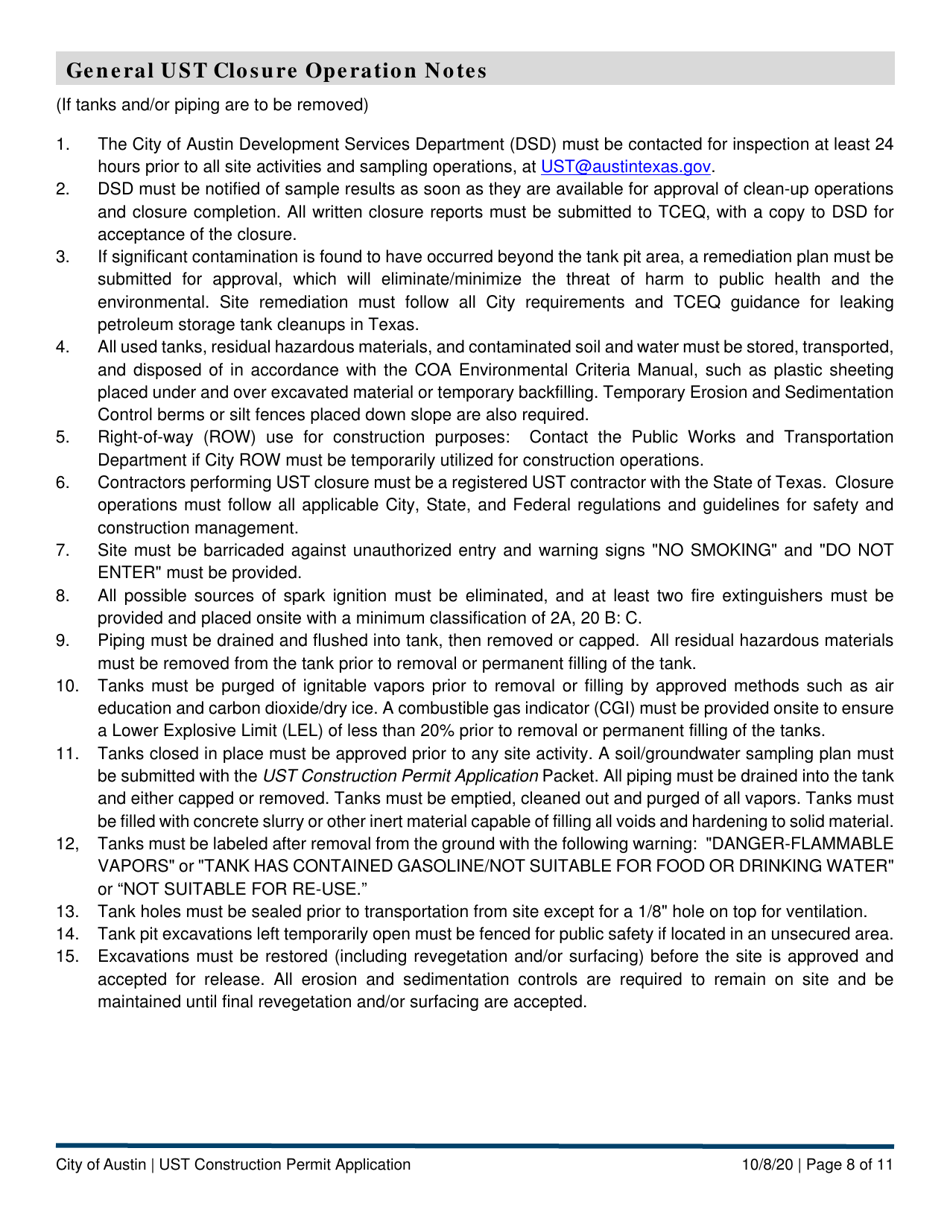 Ust Construction Permit Application - Underground Storage Tank (Ust) Program - City of Austin, Texas, Page 8