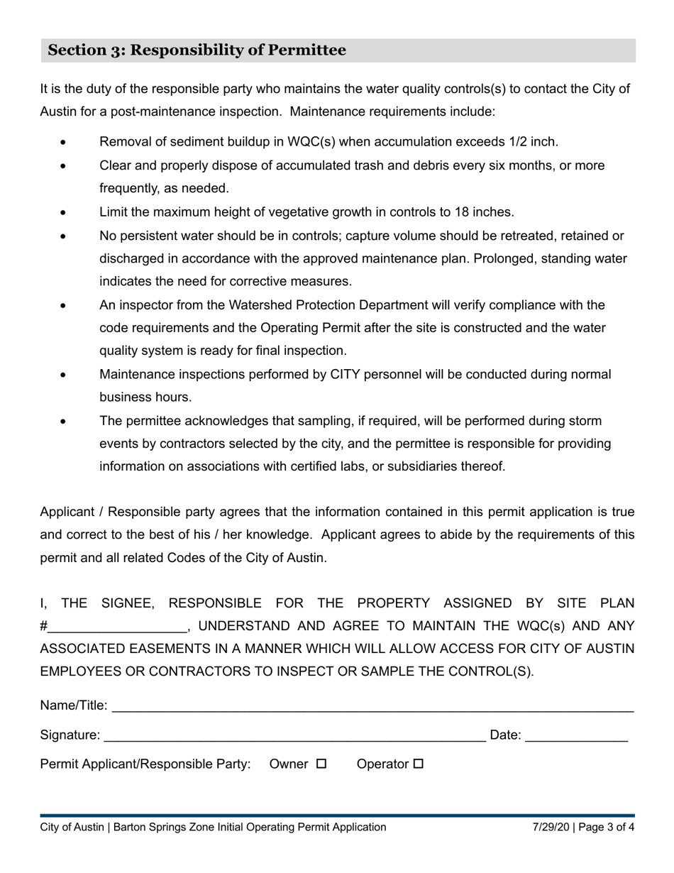 Barton Springs Zone Initial Operating Permit Application - City of Austin, Texas, Page 3
