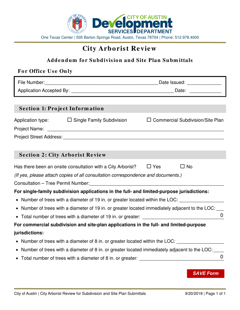 City Arborist Review - Addendum for Subdivision and Site Plan Submittals - City of Austin, Texas, Page 1