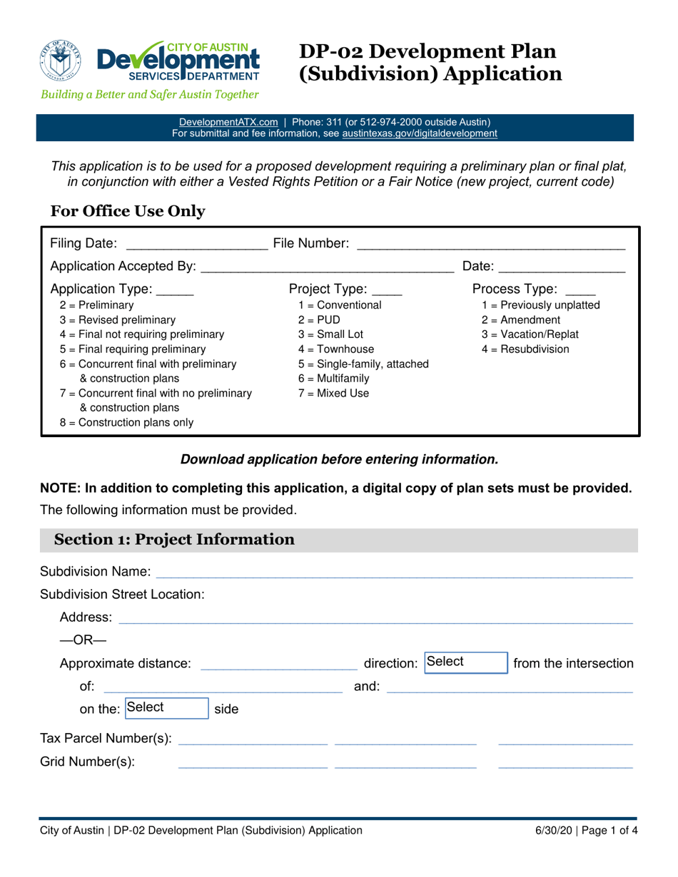 Form DP-02 Development Plan (Subdivision) Application - City of Austin, Texas, Page 1