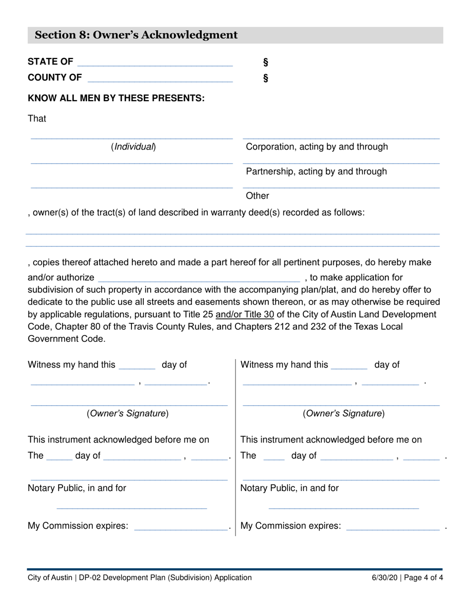 Form DP-02 Development Plan (Subdivision) Application - City of Austin, Texas, Page 4
