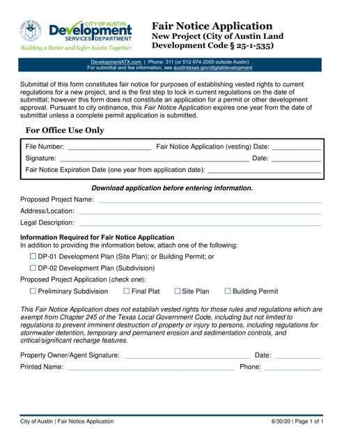 Fair Notice Application - New Project - City of Austin, Texas Download Pdf