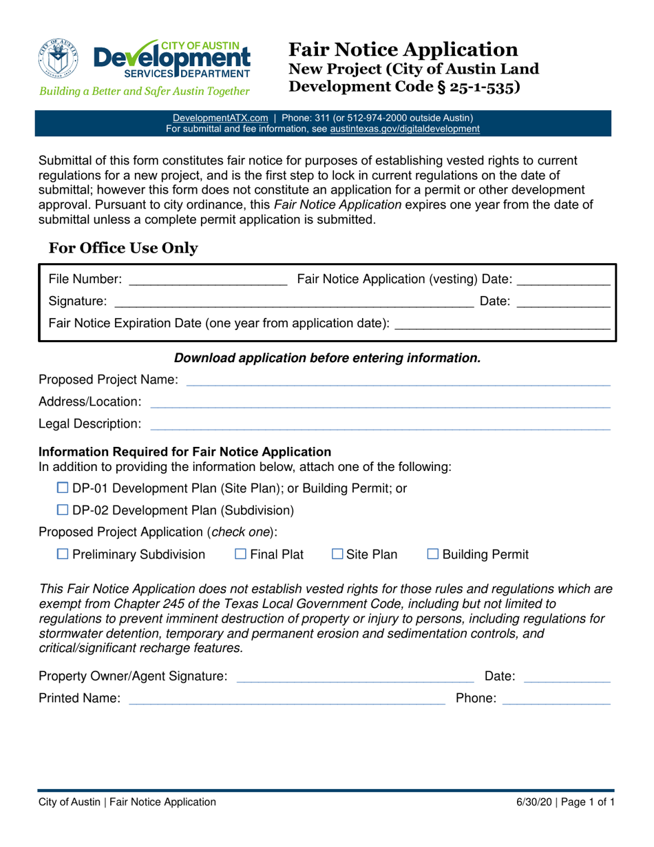 Fair Notice Application - New Project - City of Austin, Texas, Page 1