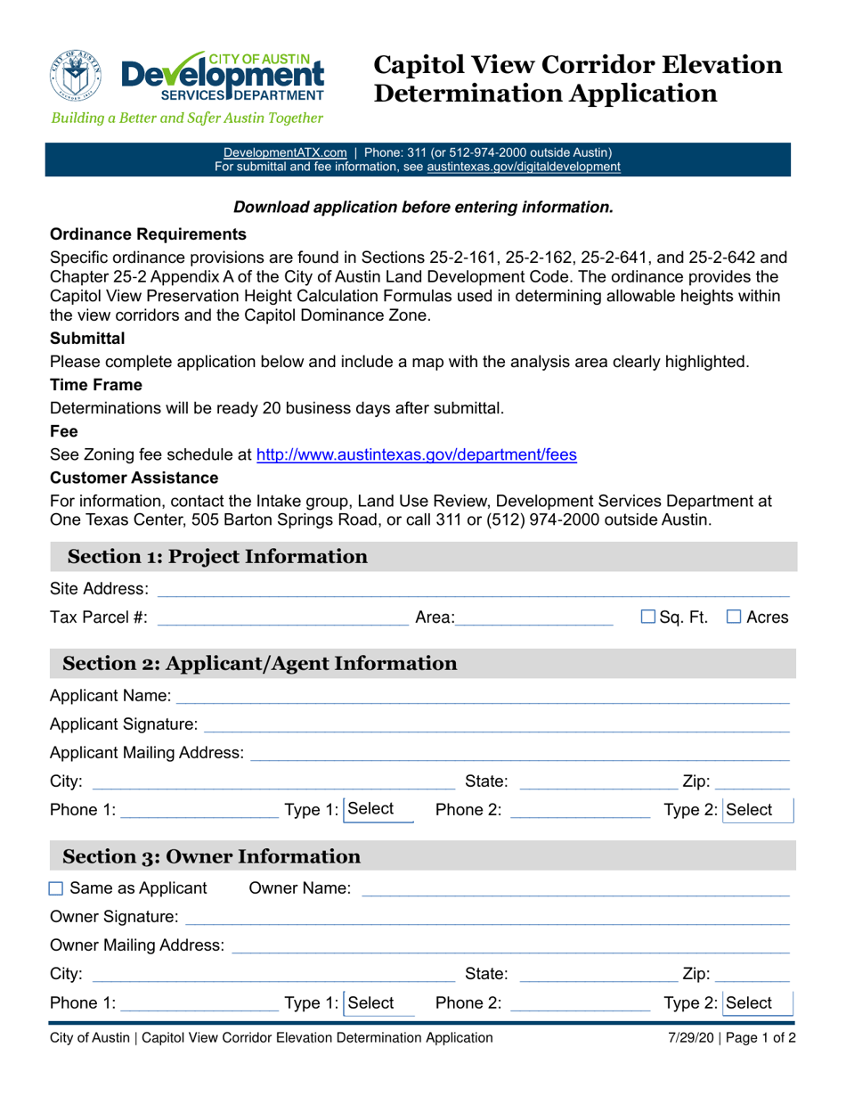 Capitol View Corridor Elevation Determination Application - City of Austin, Texas, Page 1