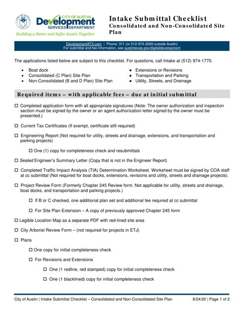 Intake Submittal Checklist - Consolidated and Non-consolidated Site Plan - City of Austin, Texas Download Pdf
