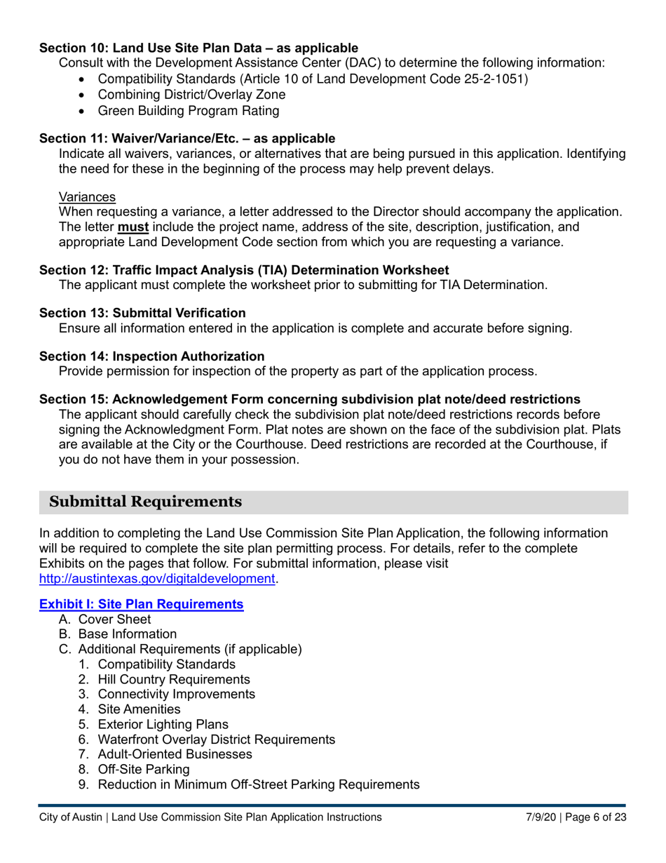 Instructions for Land Use Commission Site Plan Application - Non-consolidated Land Use Element (A Plan) - City of Austin, Texas, Page 6