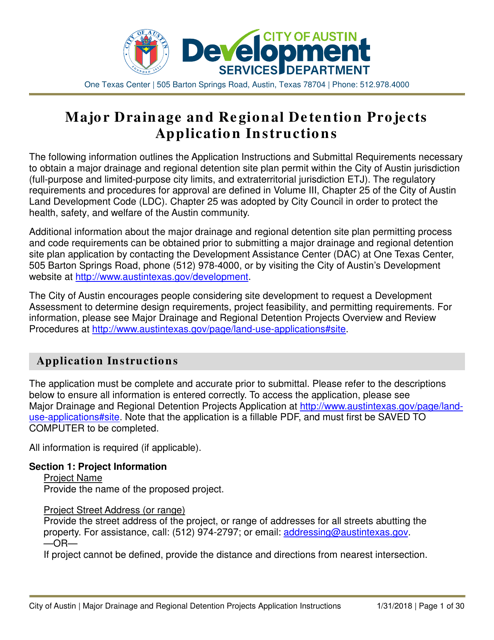 Instructions for Major Drainage and Regional Detention Projects Application - City of Austin, Texas Download Pdf