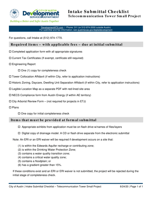 Intake Submittal Checklist - Telecommunication Tower Small Project - City of Austin, Texas Download Pdf