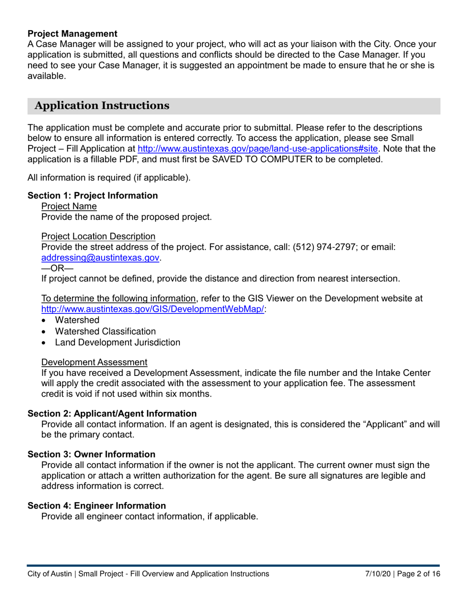 Instructions for Small Project - Fill Application - City of Austin, Texas, Page 2