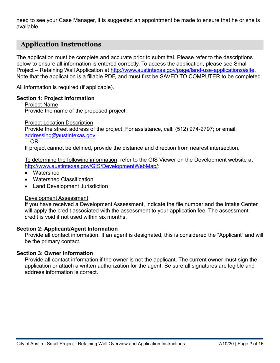 Instructions for Small Project - Retaining Wall Application - City of Austin, Texas, Page 2