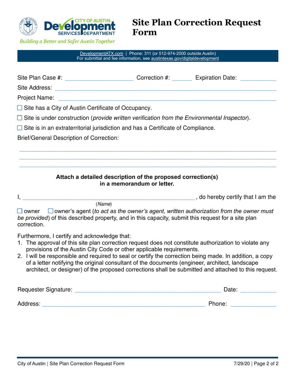Site Plan Correction Request Form - City of Austin, Texas, Page 2