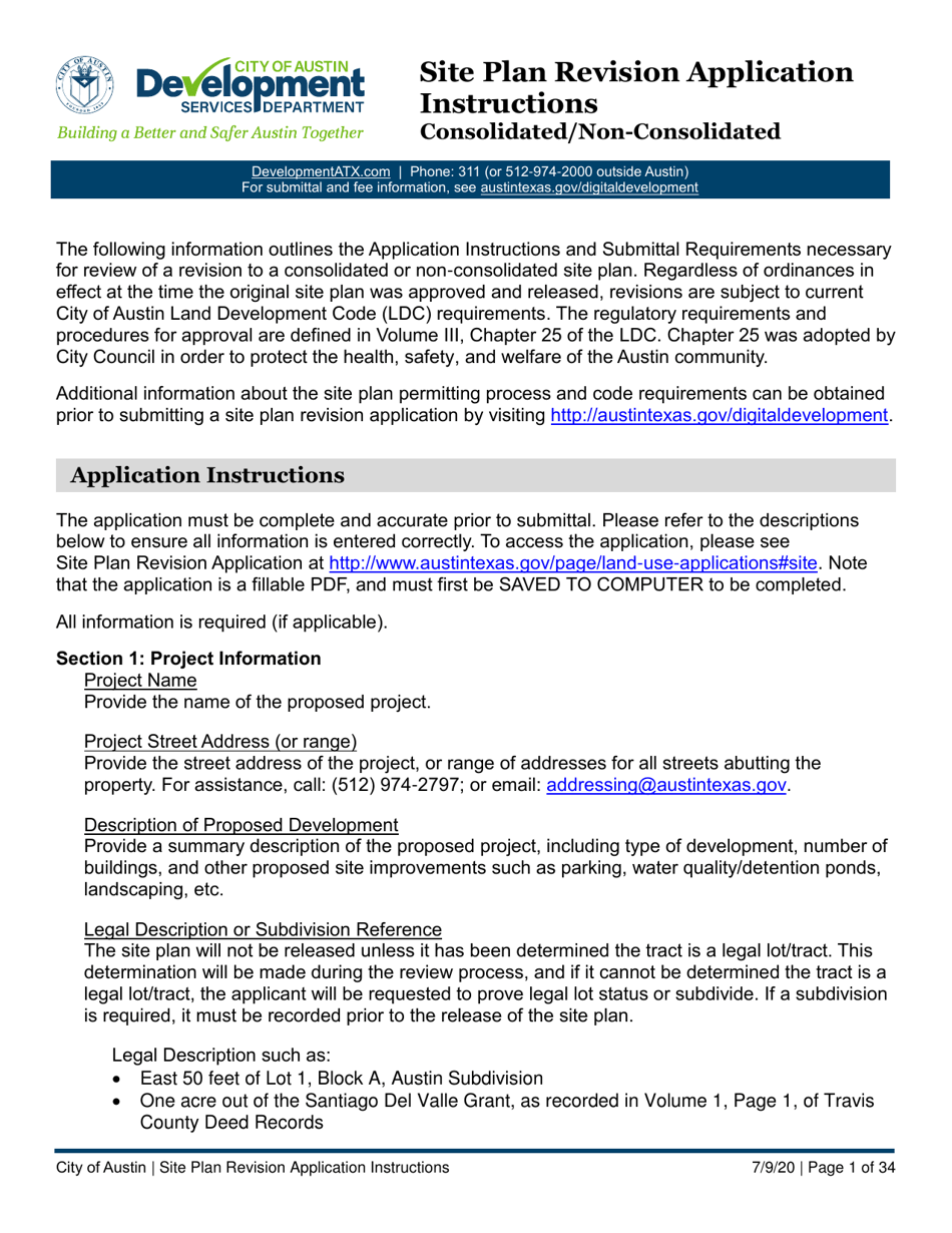 Instructions for Site Plan Revision Application - Consolidated / Non-consolidated - City of Austin, Texas, Page 1