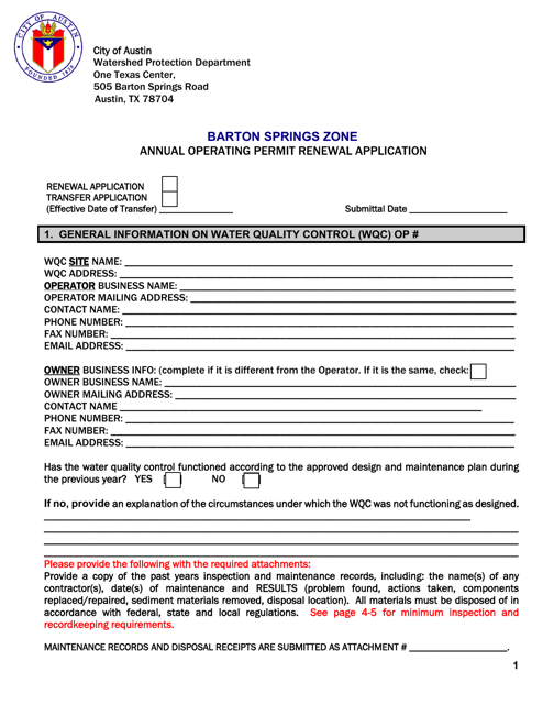 Annual Operating Permit Renewal Application - Barton Springs Zone - City of Austin, Texas Download Pdf