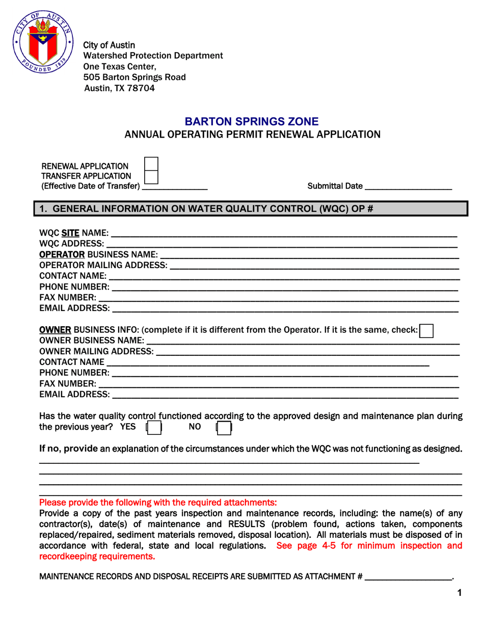 Annual Operating Permit Renewal Application - Barton Springs Zone - City of Austin, Texas, Page 1