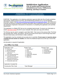 Document preview: Subdivision Application - City of Austin and Extraterritorial Jurisdiction in Travis, Williamson, Bastrop, and Hays Counties - City of Austin, Texas