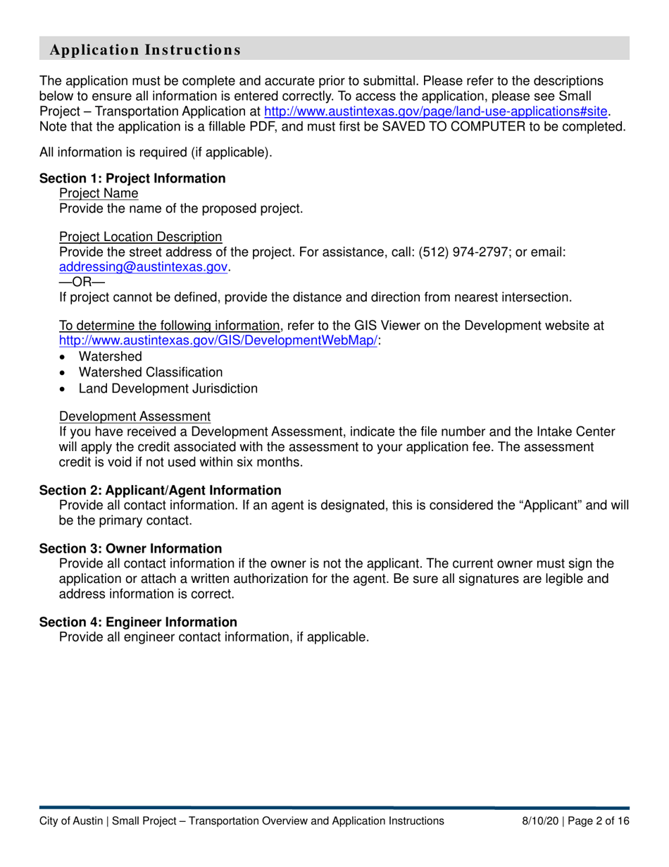 Instructions for Small Project - Transportation Application - City of Austin, Texas, Page 2