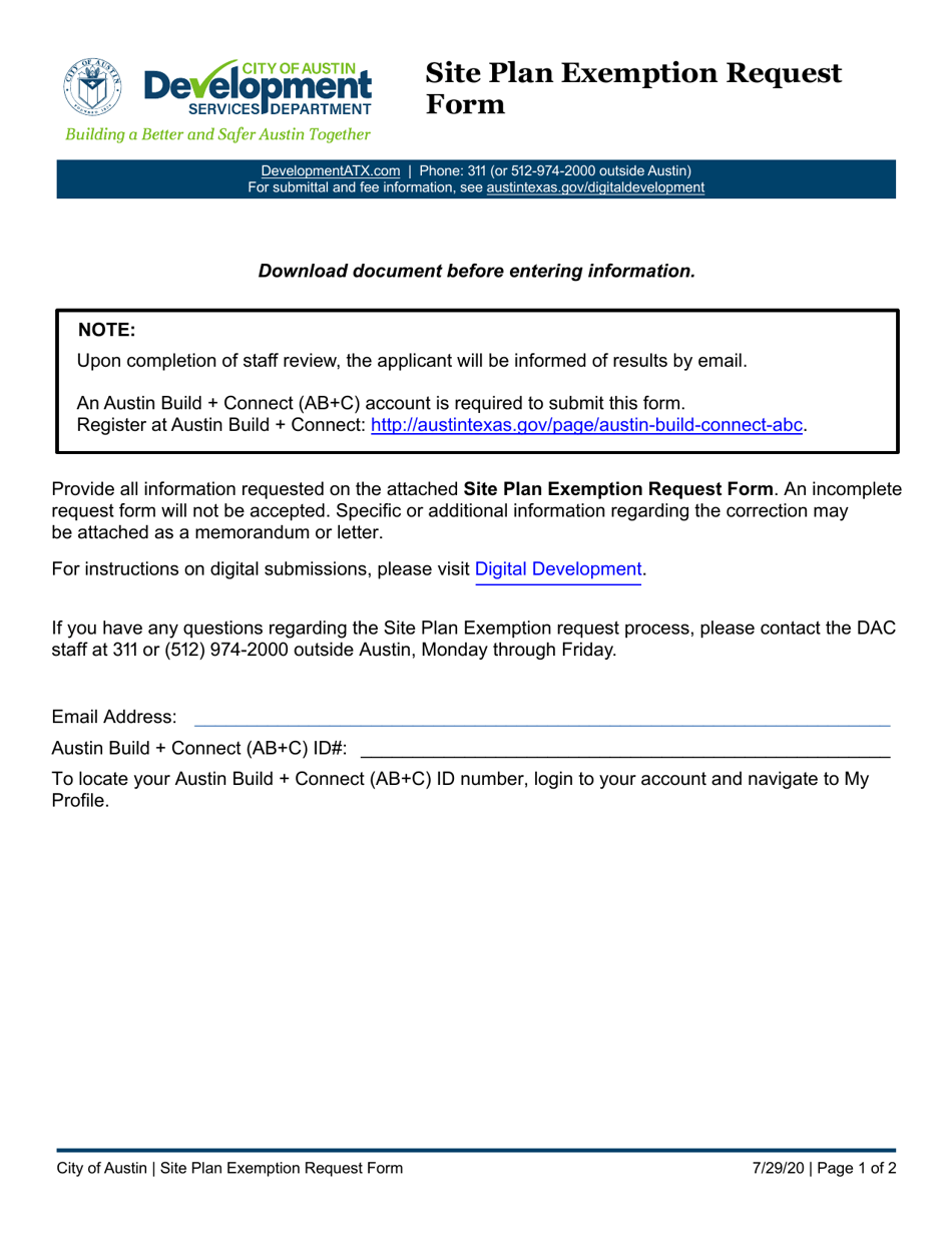 City of Austin, Texas Site Plan Exemption Request Form Download Fillable  PDF | Templateroller
